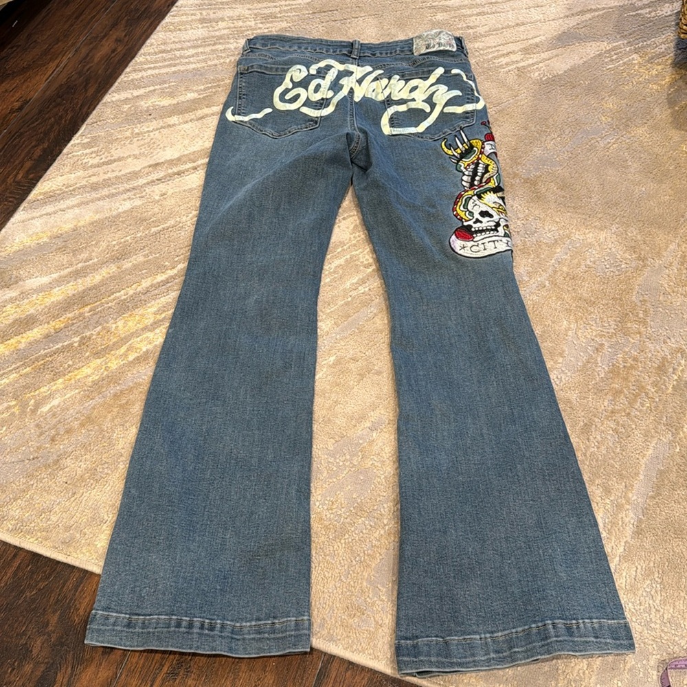 Ed Hardy NYC EAGLE SLIM FLARE medium vintage wash JEANs‎ size 30 EUC embroidered
